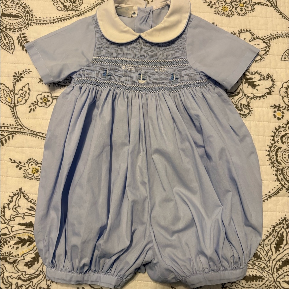 Vintage Light Blue sailboat Smocked Bubble Romper with Peter Pan Collar